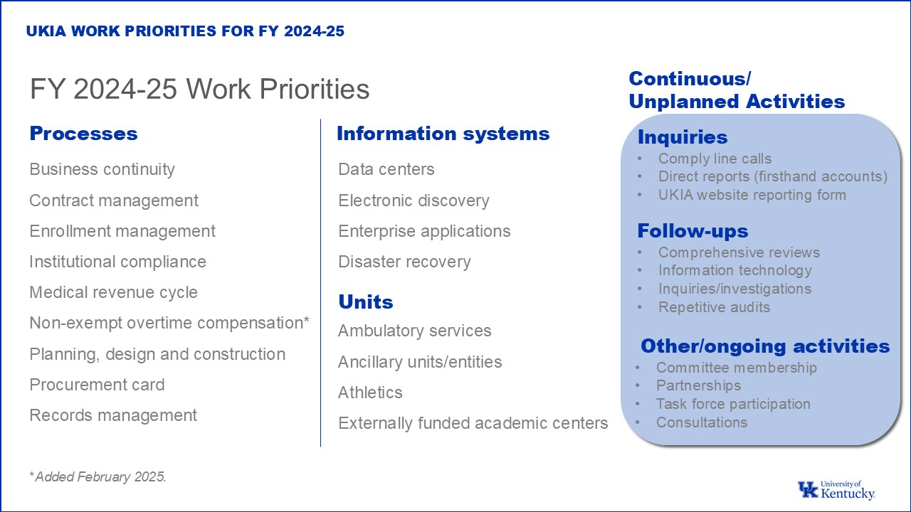 List of project priorities for UK Internal Audit for Fiscal Year 2024-25, divided between processes, information systems, units and unplanned/continuous activity