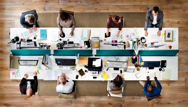 People sitting at a large, shared desk while working at their computers.